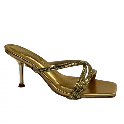 Tamanco Lança Perfume Feminino Tiras Strass Salto Fino Ouro