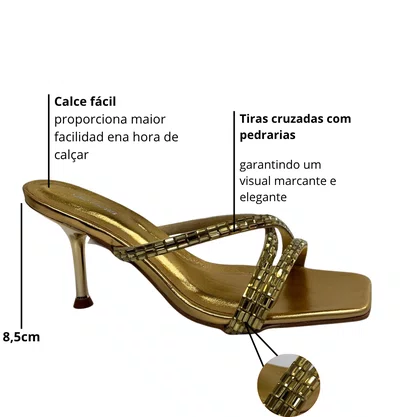 Tamanco Lança Perfume Feminino Tiras Strass Salto Fino Ouro