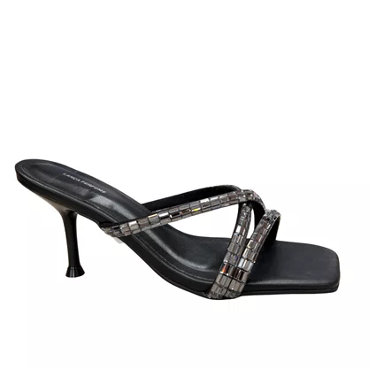 Tamanco Lança Perfume Feminino Tiras Strass Salto Fino Preto