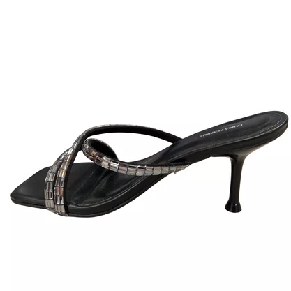 Tamanco Lança Perfume Feminino Tiras Strass Salto Fino Preto