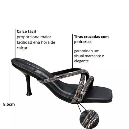 Tamanco Lança Perfume Feminino Tiras Strass Salto Fino Preto