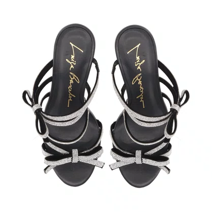 Tamanco Luiza Barcelos Feminino Preto Salto Alto Laços Strass