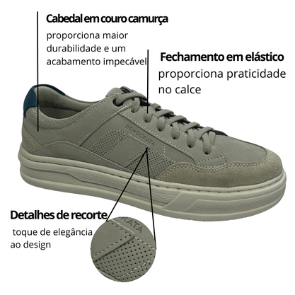 Tênis Democrata Masculino Go Denin Wide Cinza Couro Camurça