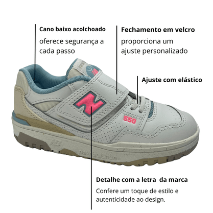 Tênis New Balance 550 Infantil Branco Rosa Couro