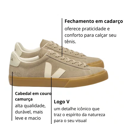 Tênis Veja Campo Masculino Suede Taupe Pierre Natural Couro