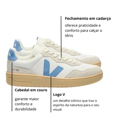 Tênis Veja Feminino V-90 Leather Extra White Aqua Natural