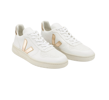 Tênis Veja V-10 Branco Dourado Couro