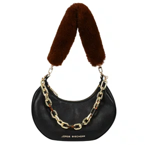 Bolsa Jorge Bischoff Feminina Ombro Alça De Pelo Removível Preto Dark Couro