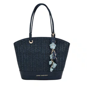 Bolsa Jorge Bischoff Feminina Shopping Azul Marinho Ráfia Couro Crocco
