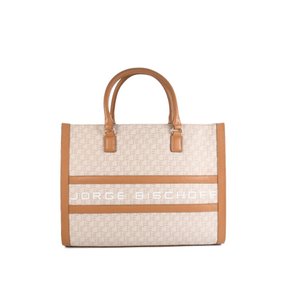 Bolsa Shopping Jorge Bischoff Off White Brulée Caramelo Tan Couro Tecido - Grande