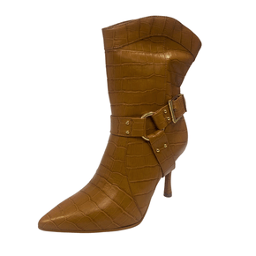 Bota Jorge Bischoff Caramelo Salto Alto Cano Médio Bico Fino Couro
