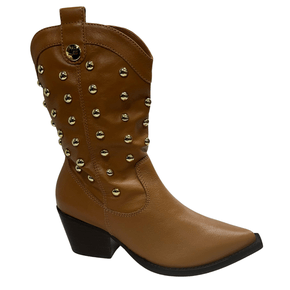 Bota Jorge Bischoff Feminina Western Tachas Caramelo Couro