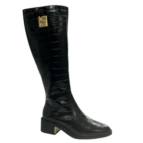 Bota Lança Perfume Feminina Cano Longo Croco Preto Couro