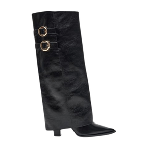 Bota Lança Perfume Feminina Fold Over Boot Preto Couro
