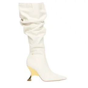 Bota lança Perfume Feminina Slouch Salto Metalizado Couro