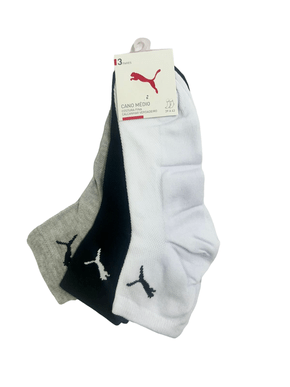 Kit Meia Puma 3 Pares Cano Médio Cinza Preto Branco