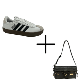 Kit Tênis Adidas VL Court Branco Preto + Bolsa Lança Perfume Preta Couro