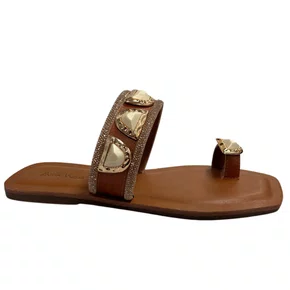 Rasteira Dedinho Berti Maria Feminina Strass Caramelo Champgne Couro