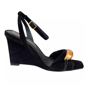 Sandália Carrano Feminina Salto Anabela Preta Couro Camurça