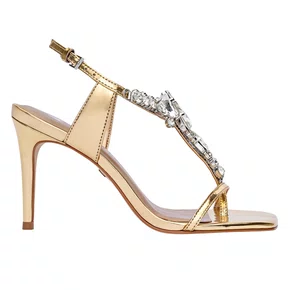 Sandália Carrano Feminina Salto Fino Cristal Dourado Couro