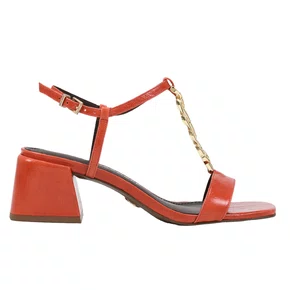 Sandália Jorge Bischoff Feminina Salto Bloco Laranja Couro Caseinado