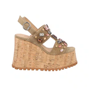 Sandália Luiza Barcelos Feminina Anabela Bege Pedraria Camurça 