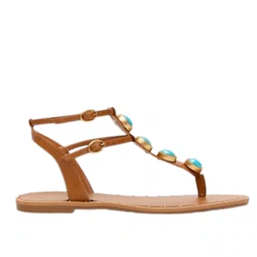 Sandália Rasteira Lança Perfume Feminina Pedraria Ambar Couro