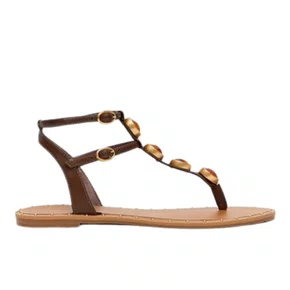 Sandália Rasteira Lança Perfume Feminina Pedraria Brown Couro