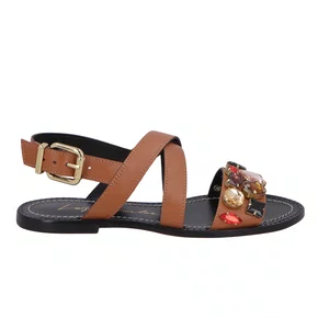 Sandália Rasteira Luiza Barcelos Pedras Multicor Caramelo Couro