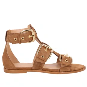 Sandália Rasteira Luiza Bercelos Feminina Gladiadora Caramelo Couro Camurça