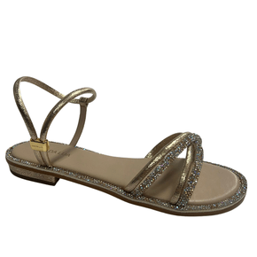 Sandália Rasteira Luz da Lua Feminina Strass Cristal Ouro Couro