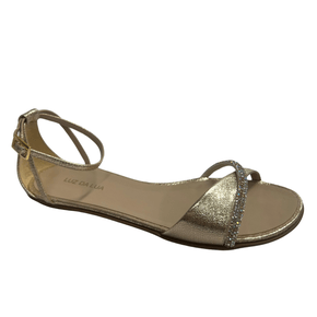 Sandália Rasteira Luz da Lua Feminina Strass Cristal Ouro Couro