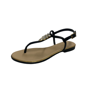 Sandália Rasteira Luz da Lua Preta Pedrarias Couro