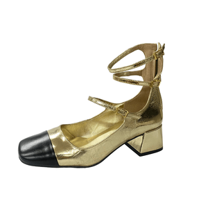 Sapato Lança Perfume Dourado Preto Salto Bloco Couro 