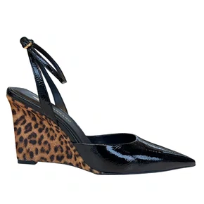Slingback Carrano Feminino Salto Anabela Preto Animal Print Couro