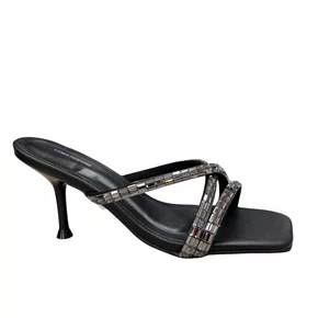 Tamanco Lança Perfume Feminino Tiras Strass Salto Fino Preto